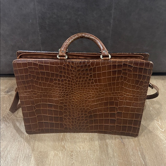 Croc-Embossed Brown and Black Leather Briefcase - Picture 3 of 3
